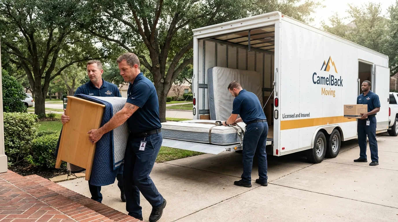 Crew loading residential truck for cross-state move from Huntington Beach, CA