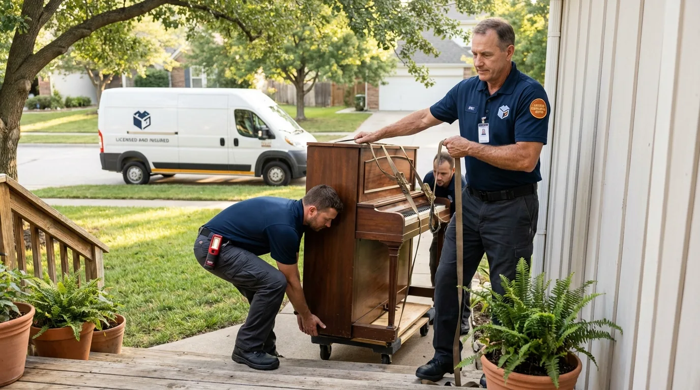Licensed piano movers securing grand piano in Huntington Beach, CA