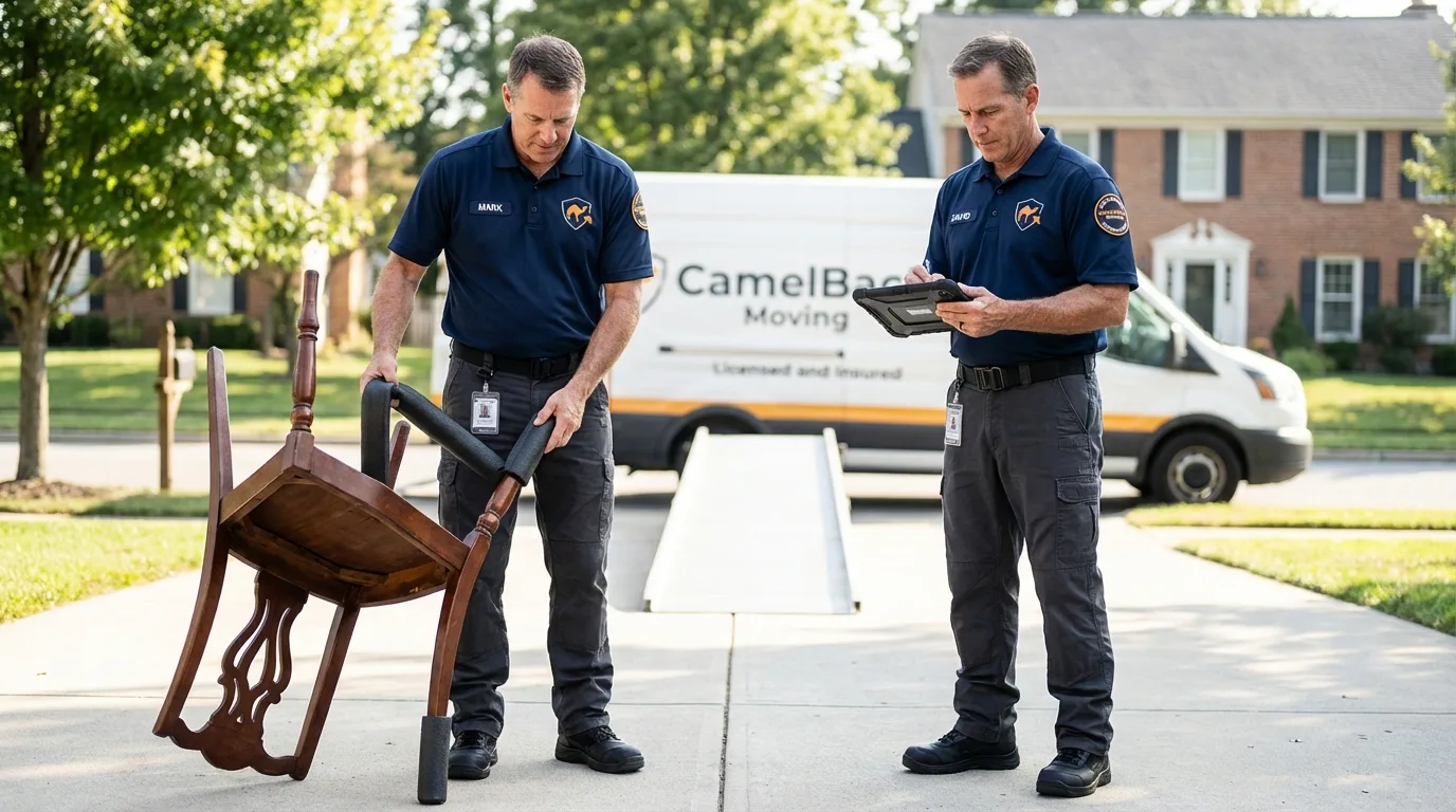 Movers inspecting furniture for damage prevention before loading in Huntington Beach, CA