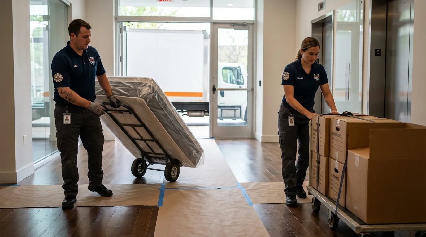 Professional apartment movers loading elevator in Huntington Beach, CA